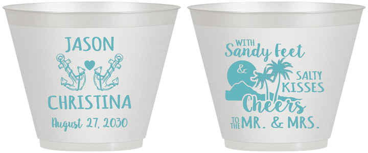 Custom Wedding 9 oz Wine Frosted Cups - Sandy Feet Salty Kisses | 291