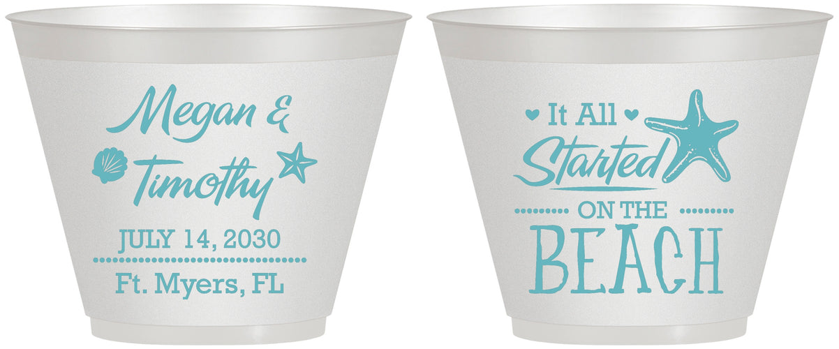 Custom Wedding 9 oz Wine Frosted Cups - Started On The Beach | 295