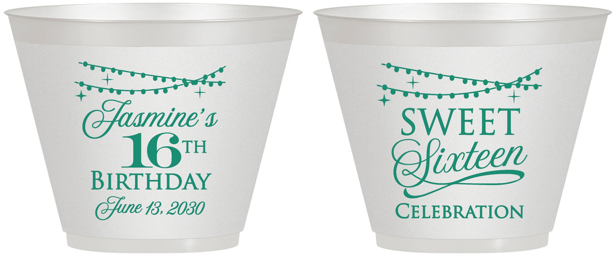 Custom 16th Birthday 9 oz Wine Frosted Cups - String Lights | 300009