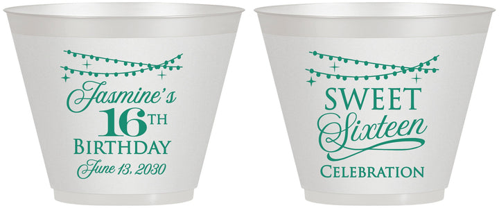 Custom 16th Birthday 9 oz Wine Frosted Cups - String Lights | 300009
