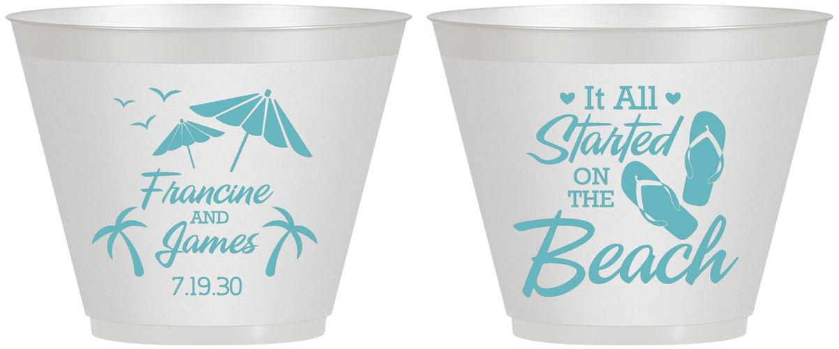Custom Wedding 9 oz Wine Frosted Cups - Started On The Beach | 310