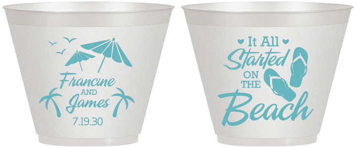 Custom Wedding 9 oz Wine Frosted Cups - Started On The Beach | 310