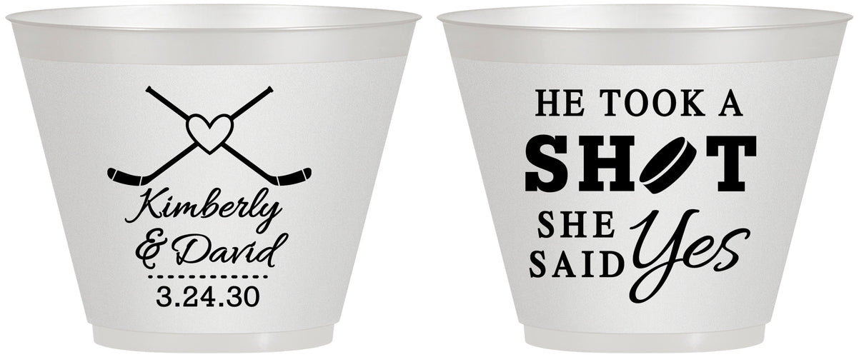Custom Wedding 9 oz Wine Frosted Cups - Took A Shot Hockey | 323
