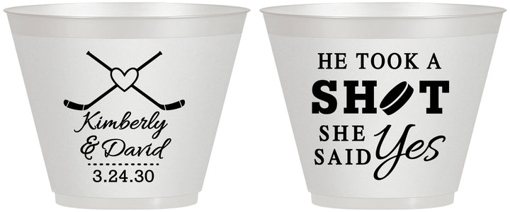 Custom Wedding 9 oz Wine Frosted Cups - Took A Shot Hockey | 323