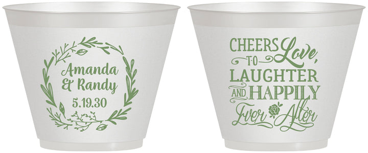 Custom Wedding 9 oz Wine Frosted Cups - Love Laughter Happily | 326