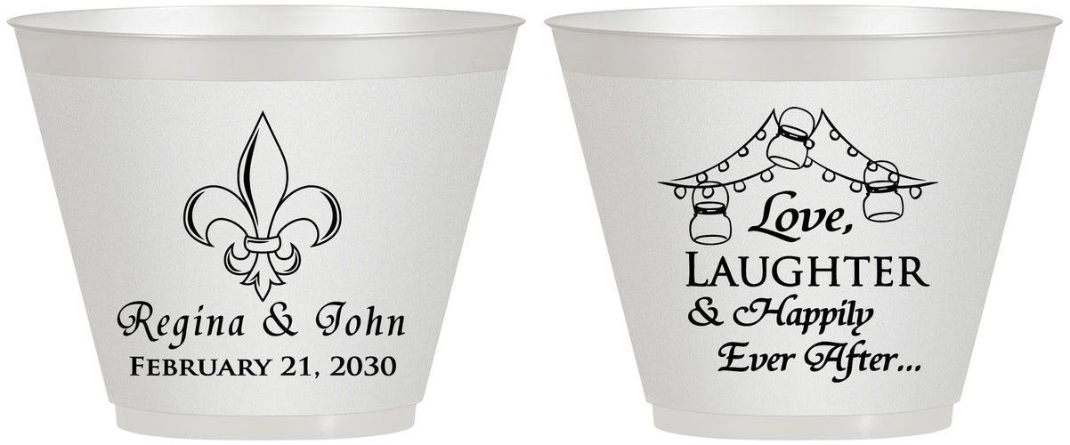 Custom Wedding 9 oz Wine Frosted Cups - Love Laughter Happily | 338