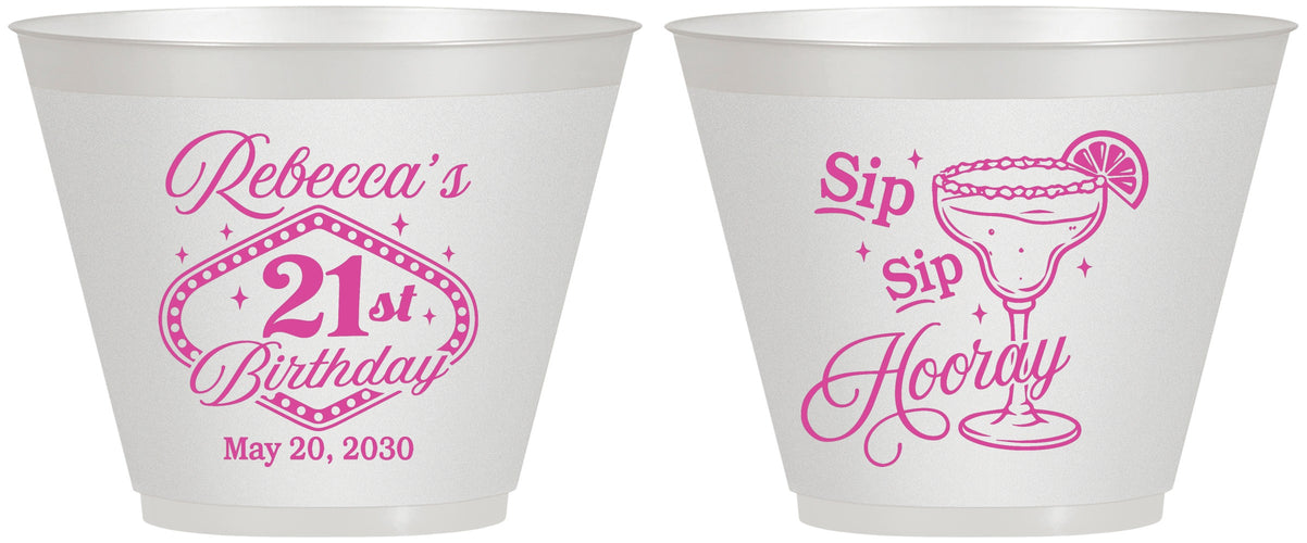 Custom 21st Birthday 9 oz Wine Frosted Cups - Sip Sip Hooray Vegas | 340006