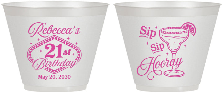 Custom 21st Birthday 9 oz Wine Frosted Cups - Sip Sip Hooray Vegas | 340006