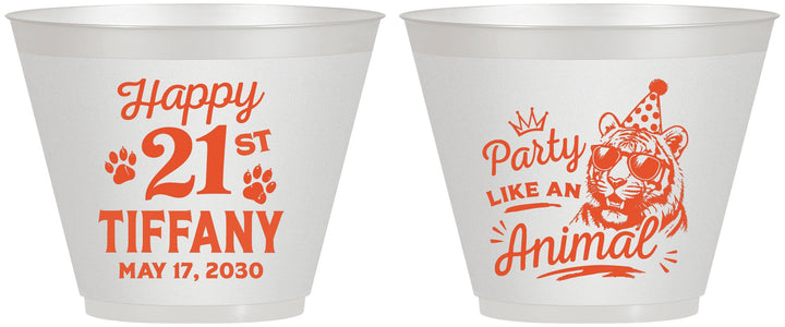 Custom 21st Birthday 9 oz Wine Frosted Cups - Party Like An Animal Tiger | 340020