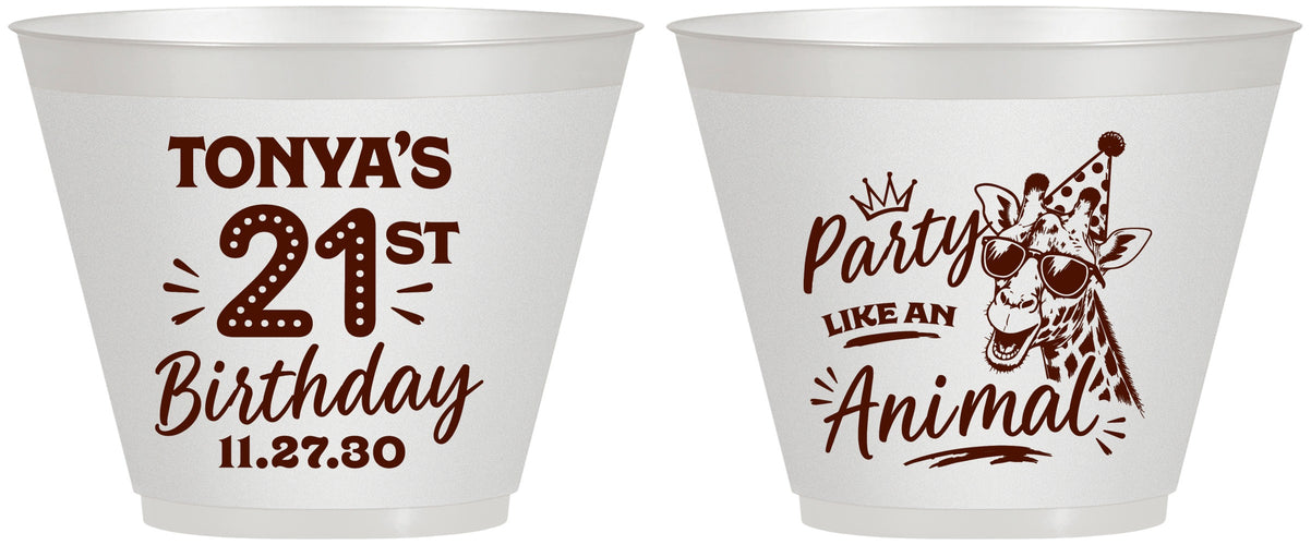 Custom 21st Birthday 9 oz Wine Frosted Cups - Party Like An Animal Giraffe | 340022