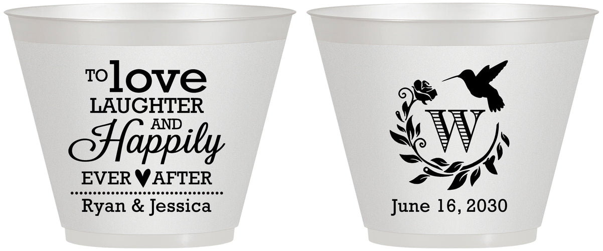 Custom Wedding 9 oz Wine Frosted Cups - Love Laughter Happily | 345