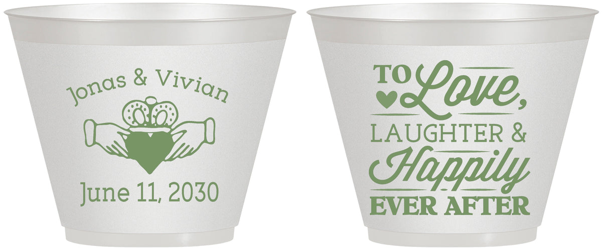 Custom Wedding 9 oz Wine Frosted Cups - Love Laughter Happily | 346