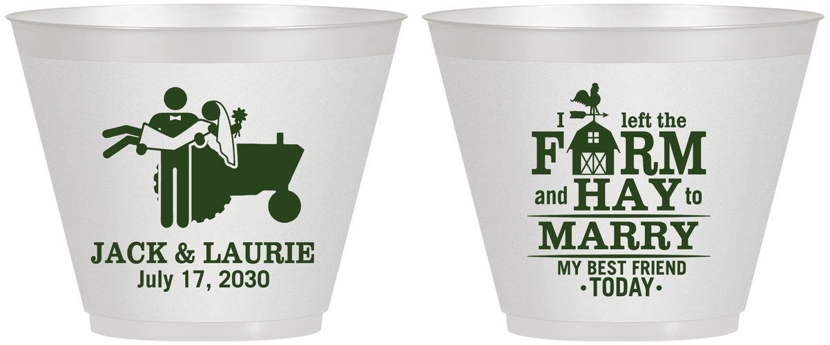 Custom Wedding 9 oz Wine Frosted Cups - Left The Farm Tractor | 347