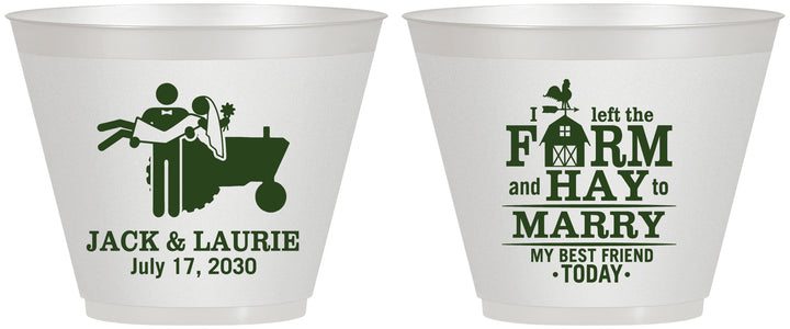 Custom Wedding 9 oz Wine Frosted Cups - Left The Farm Tractor | 347