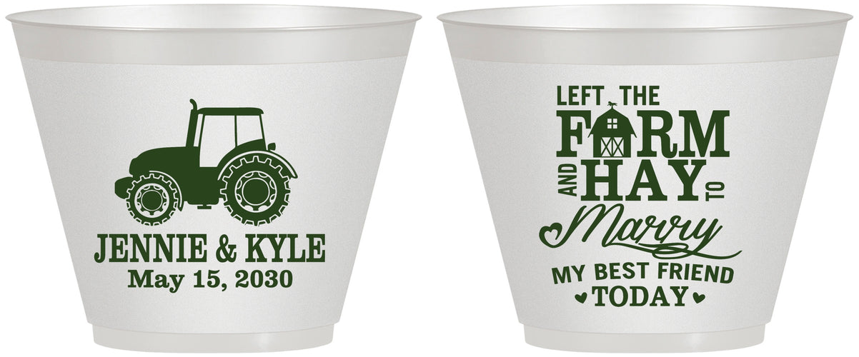 Custom Wedding 9 oz Wine Frosted Cups - Left The Farm Tractor | 351