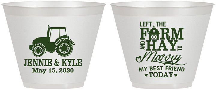 Custom Wedding 9 oz Wine Frosted Cups - Left The Farm Tractor | 351