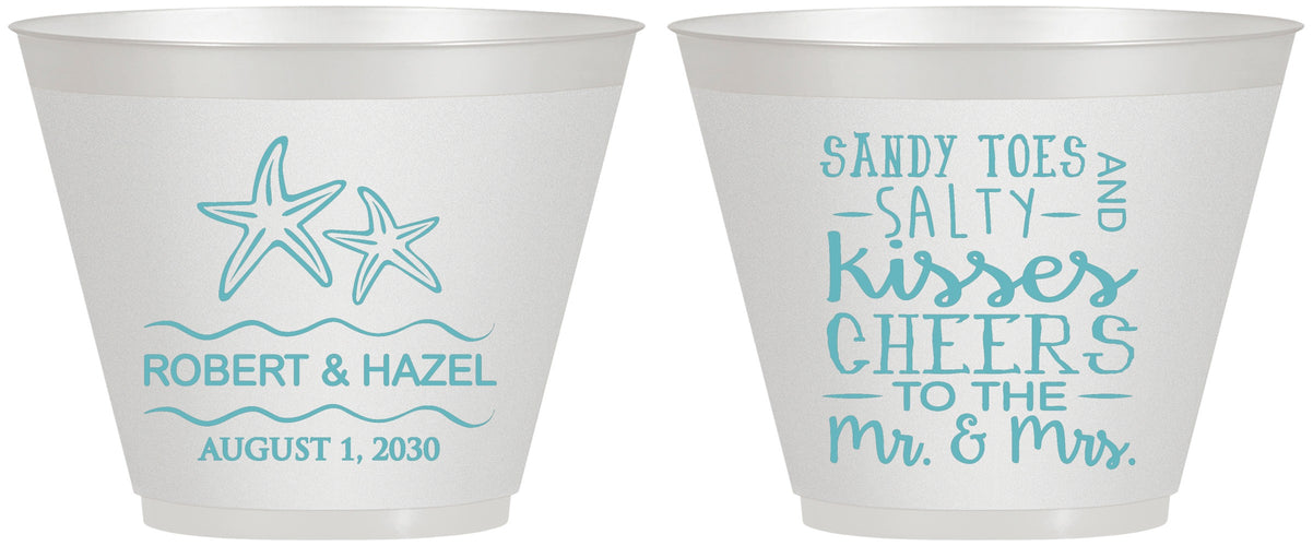 Custom Wedding 9 oz Wine Frosted Cups - Sandy Feet Salty Kisses | 356