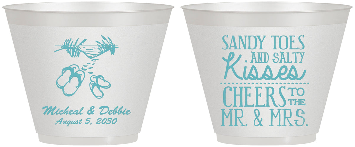 Custom Wedding 9 oz Wine Frosted Cups - Sandy Feet Salty Kisses | 357