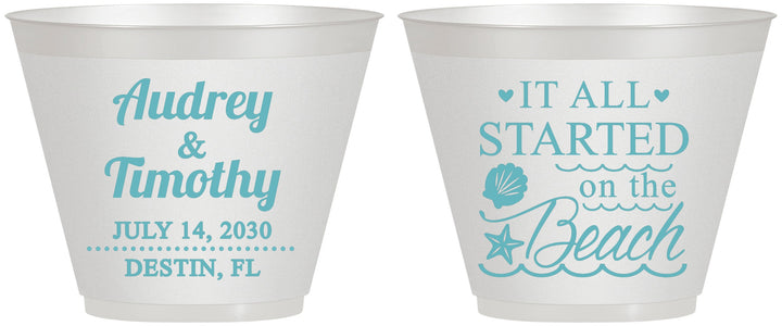 Custom Wedding 9 oz Wine Frosted Cups - Started On The Beach | 361