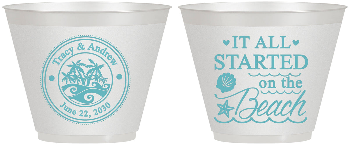 Custom Wedding 9 oz Wine Frosted Cups - Started On The Beach | 362