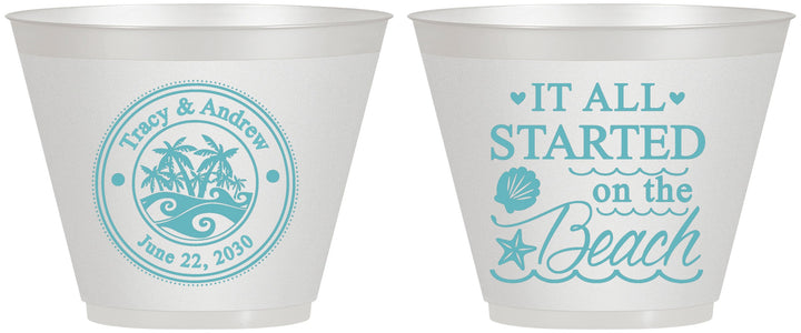 Custom Wedding 9 oz Wine Frosted Cups - Started On The Beach | 362