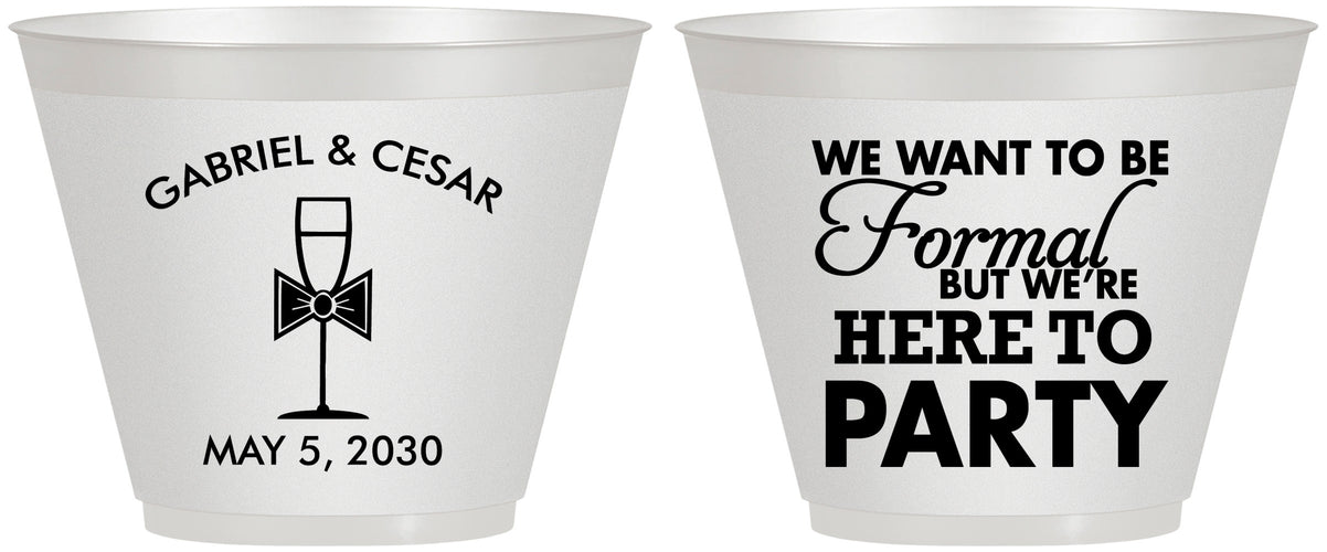 Custom Wedding 9 oz Wine Frosted Cups - Formal Here To Party | 366