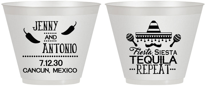 Custom Wedding 9 oz Wine Frosted Cups - Fiesta Siesta Tequila Repeat | 369
