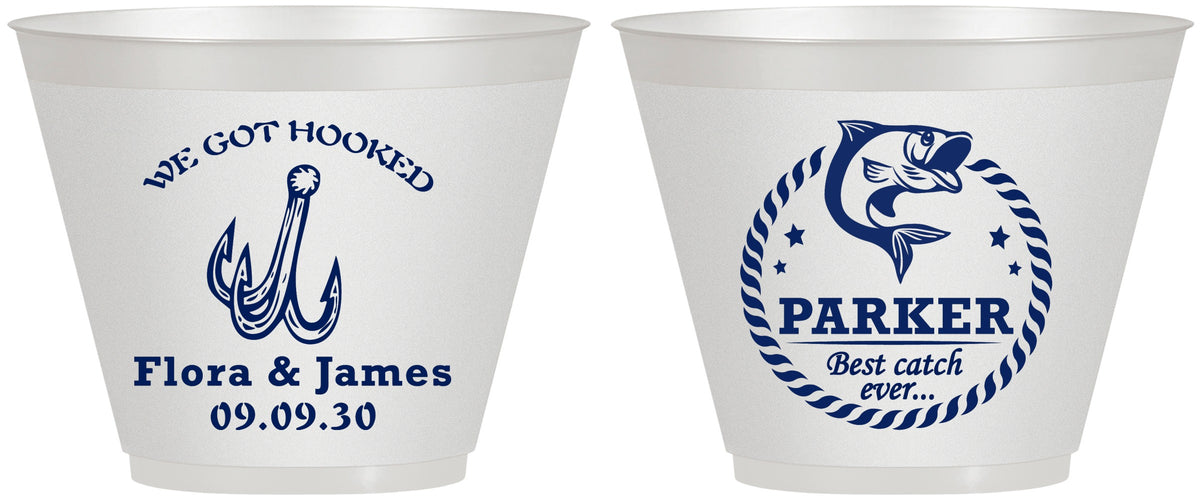 Custom Wedding 9 oz Wine Frosted Cups - We Got Hooked Fish | 392