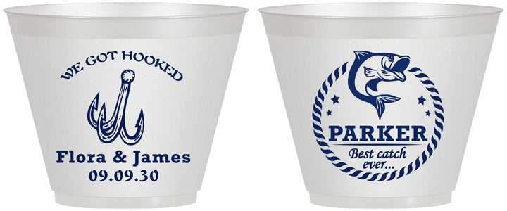 Custom Wedding 9 oz Wine Frosted Cups - We Got Hooked Fish | 392