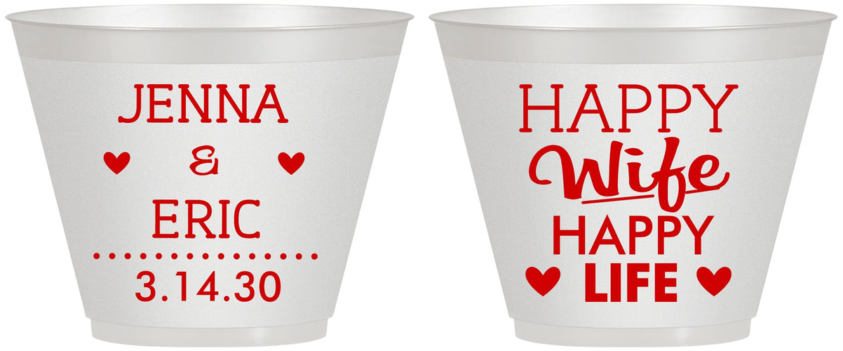 Custom Wedding 9 oz Wine Frosted Cups - Happy Wife Happy Life | 393