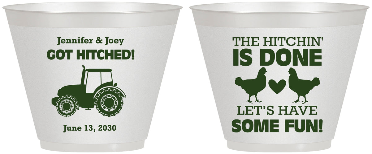 Custom Wedding 9 oz Wine Frosted Cups - Got Hitched Tractor | 397