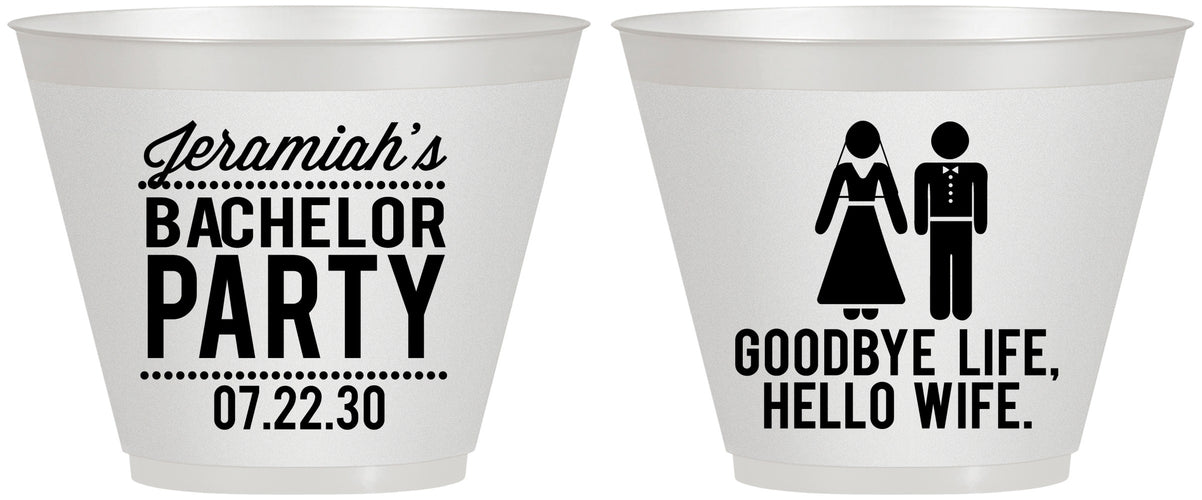 Custom Bachelor Party 9 oz Wine Frosted Cups - Goodbye Life Hello Wife | 40019