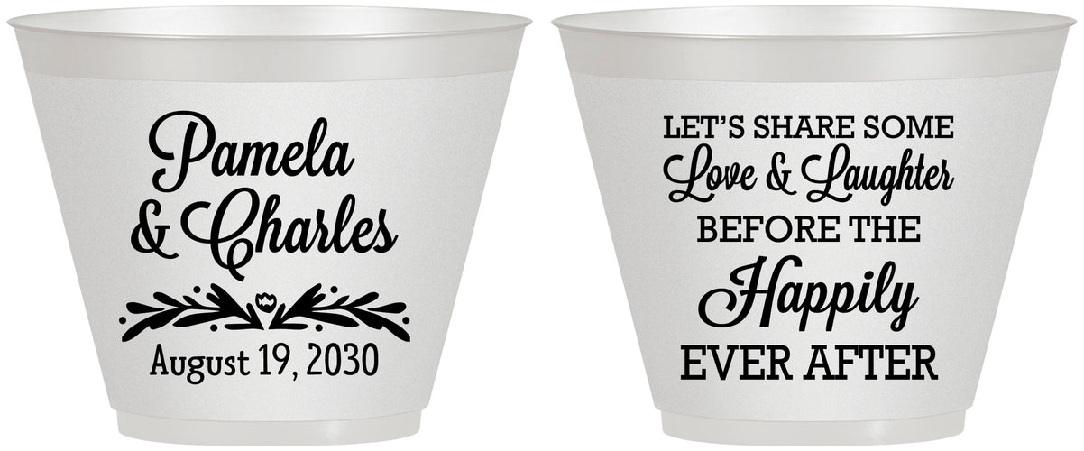 Custom Wedding 9 oz Wine Frosted Cups - Love Laughter Happily | 409