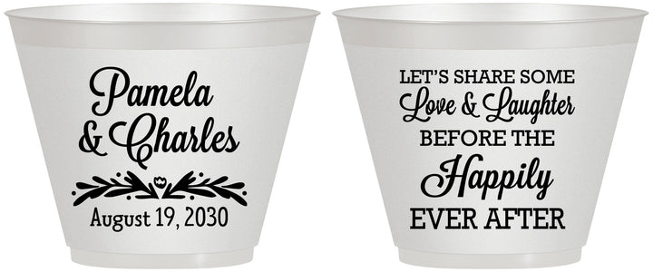 Custom Wedding 9 oz Wine Frosted Cups - Love Laughter Happily | 409