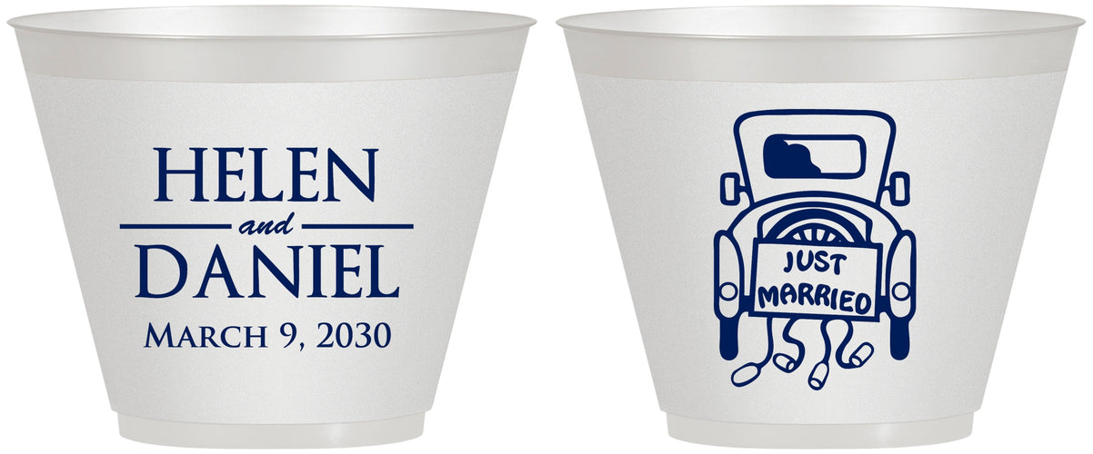Custom Wedding 9 oz Wine Frosted Cups - Just Married Old Car | 413