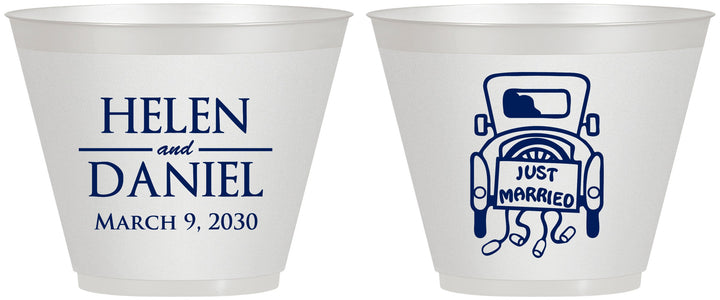Custom Wedding 9 oz Wine Frosted Cups - Just Married Old Car | 413