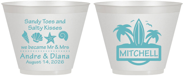 Custom Wedding 9 oz Wine Frosted Cups - Sandy Toes Salty Kisses | 419