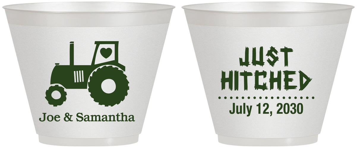 Custom Wedding 9 oz Wine Frosted Cups - Just Hitched Tractor | 429