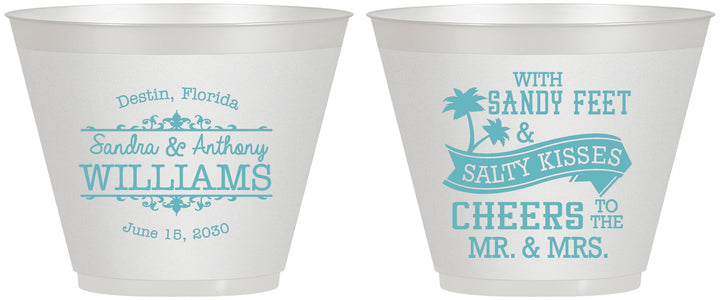 Custom Wedding 9 oz Wine Frosted Cups - Sandy Feet Salty Kisses | 434