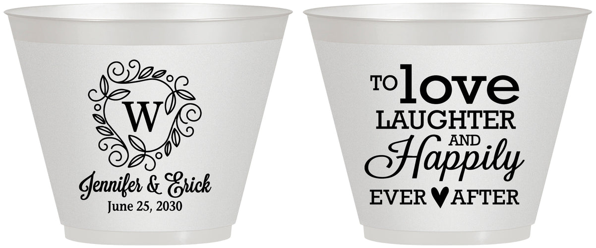 Custom Wedding 9 oz Wine Frosted Cups - Love Laughter Happily | 461