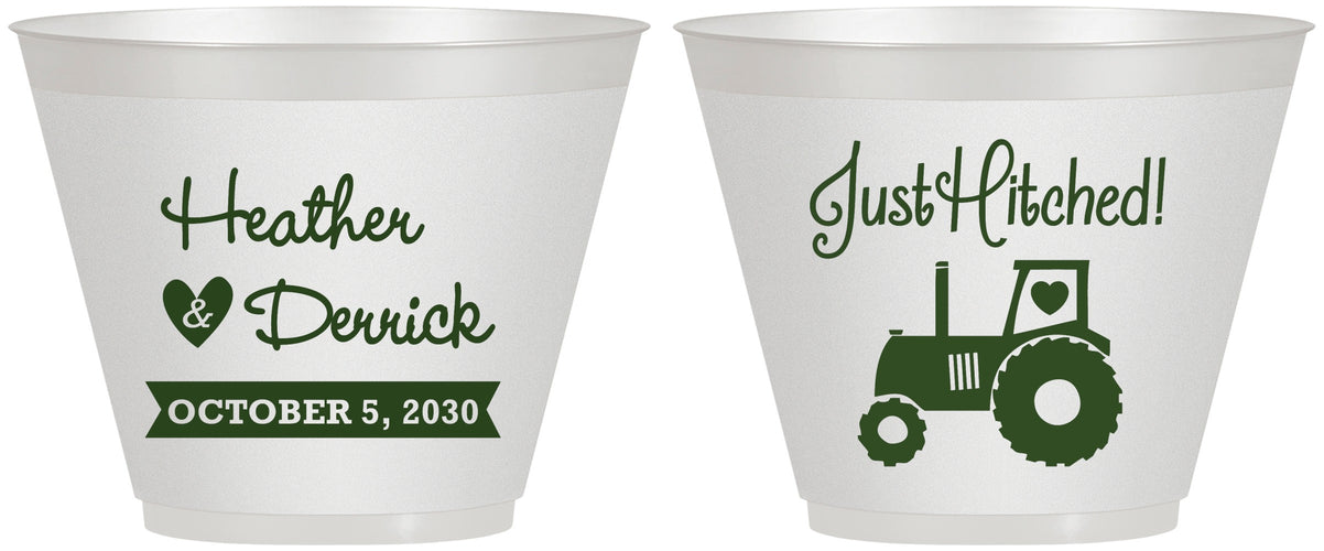 Custom Wedding 9 oz Wine Frosted Cups - Just Hitched Tractor | 482