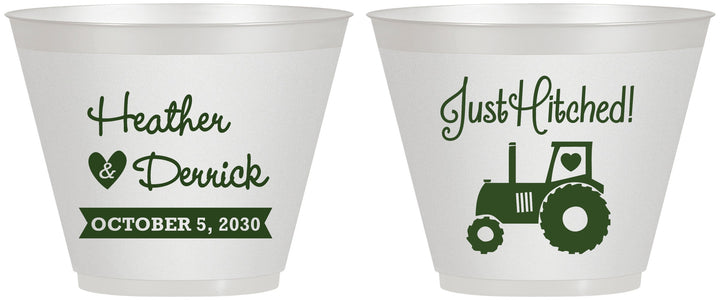 Custom Wedding 9 oz Wine Frosted Cups - Just Hitched Tractor | 482