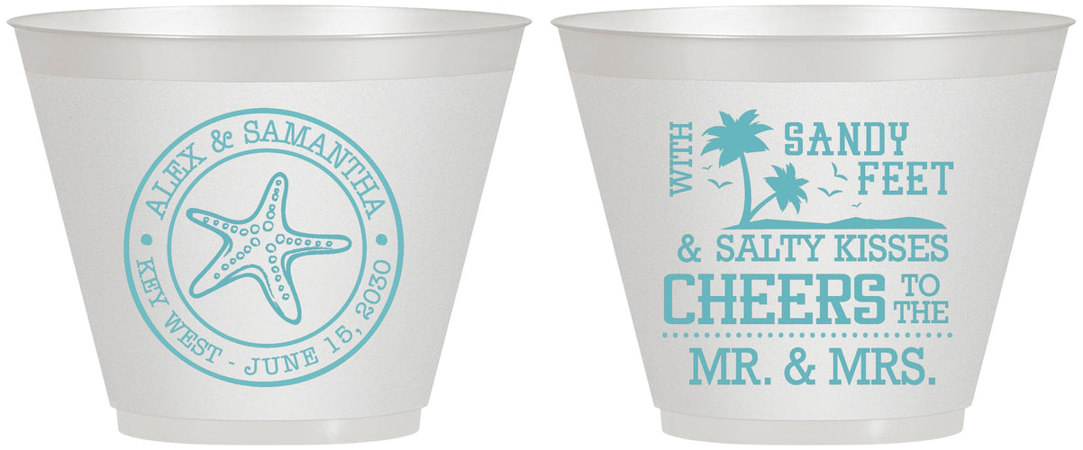 Custom Wedding 9 oz Wine Frosted Cups - Sandy Feet Salty Kisses | 488