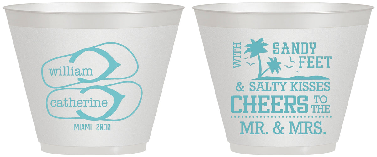Custom Wedding 9 oz Wine Frosted Cups - Sandy Feet Salty Kisses | 490