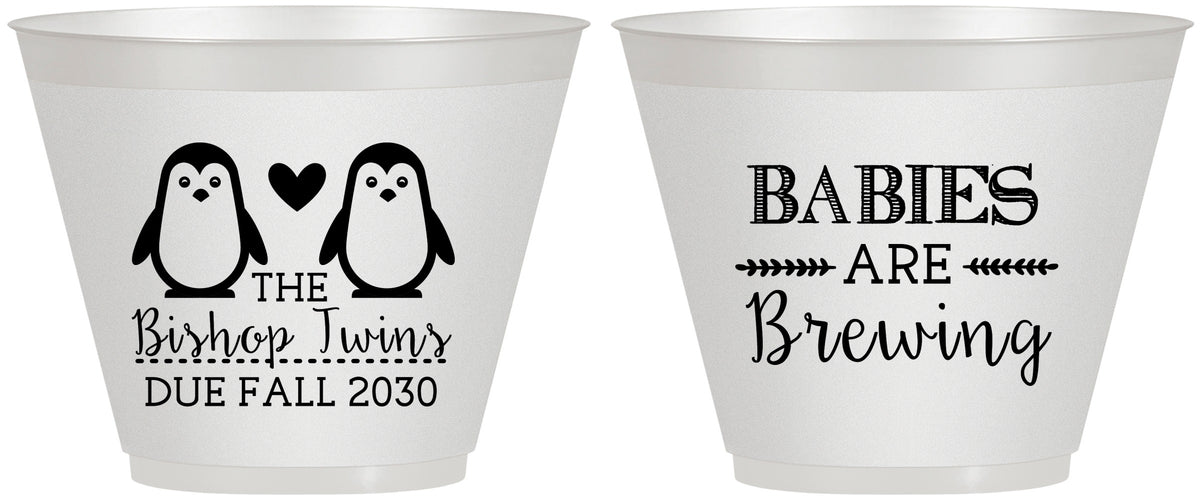 Custom Baby Shower 9 oz Wine Frosted Cups - Twins Baby Penguins | 90070