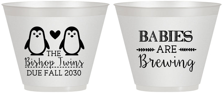 Custom Baby Shower 9 oz Wine Frosted Cups - Twins Baby Penguins | 90070