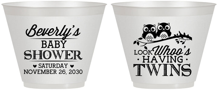 Custom Baby Shower 9 oz Wine Frosted Cups - Twins Baby Owls | 90074