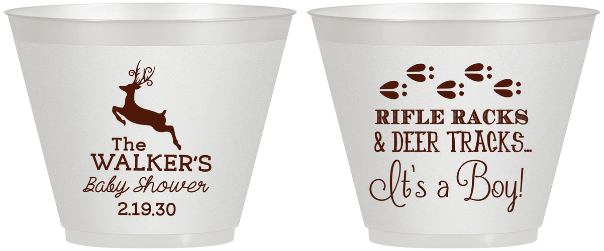 Custom Baby Shower 9 oz Wine Frosted Cups - Rifle Racks Deer Tracks | 90128