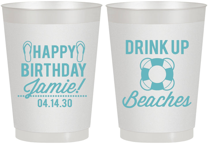 Personalized Birthday 10 oz Frosted Cups - Drink Up Beaches | 20207