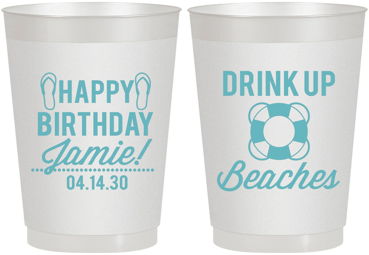 Personalized Birthday 10 oz Frosted Cups - Drink Up Beaches | 20207